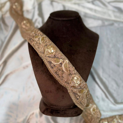 Golden Floral Machine Zardozi Embroidered Lace Border