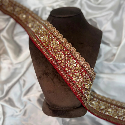 Bridal Hand Embroidered Floral Lace Border with Pearl Work