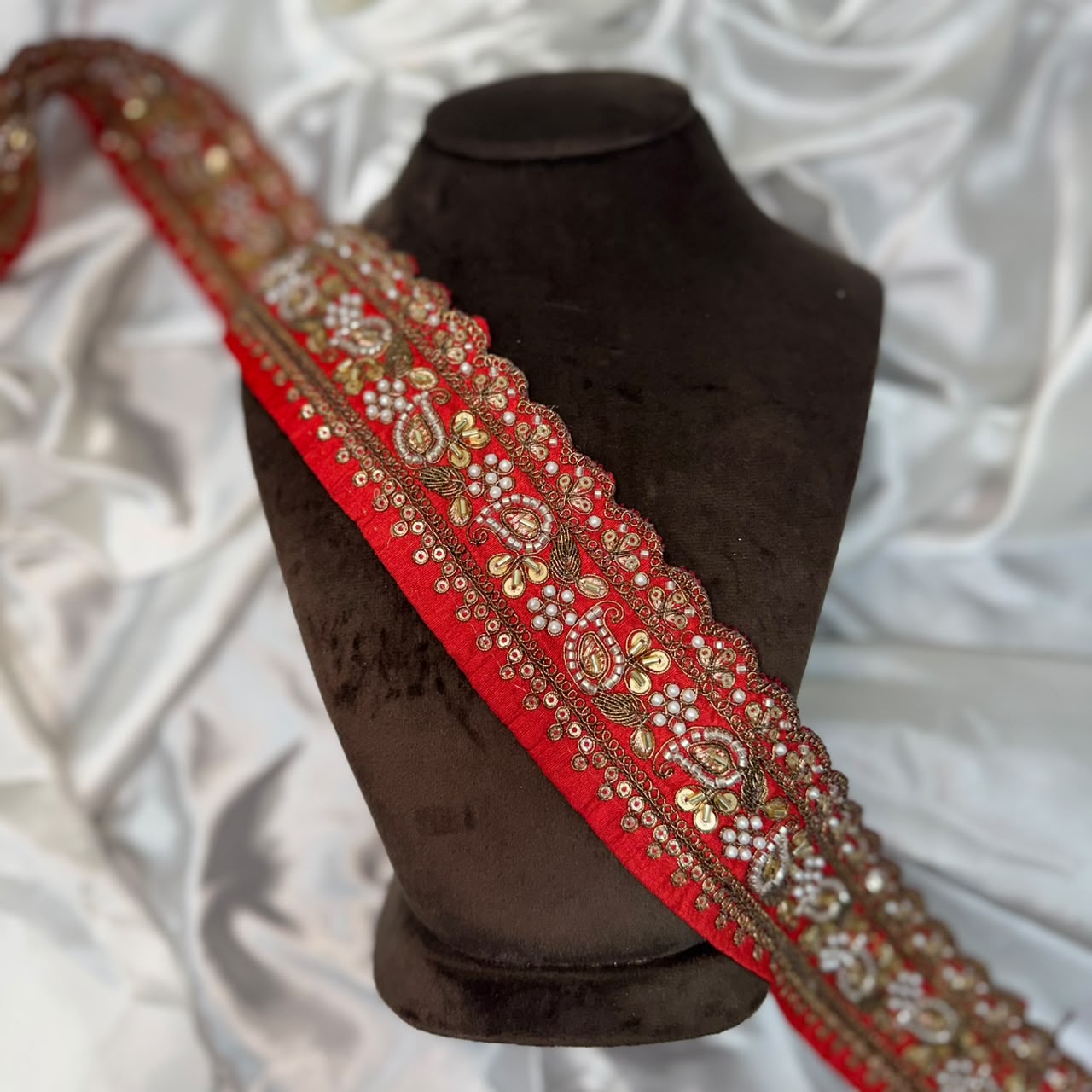 Premium Red Handcrafted Zardozi Lace Trim for Bridal Wear