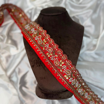 Premium Red Handcrafted Zardozi Lace Trim for Bridal Wear