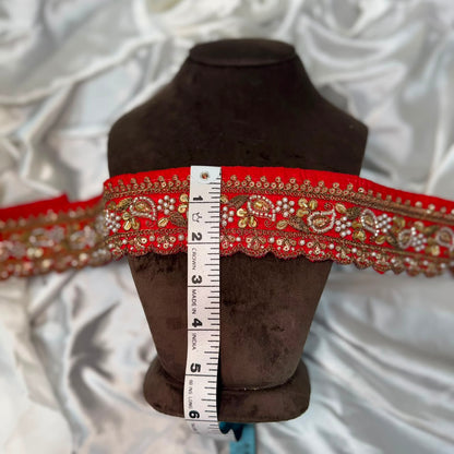 Premium Red Handcrafted Zardozi Lace Trim for Bridal Wear