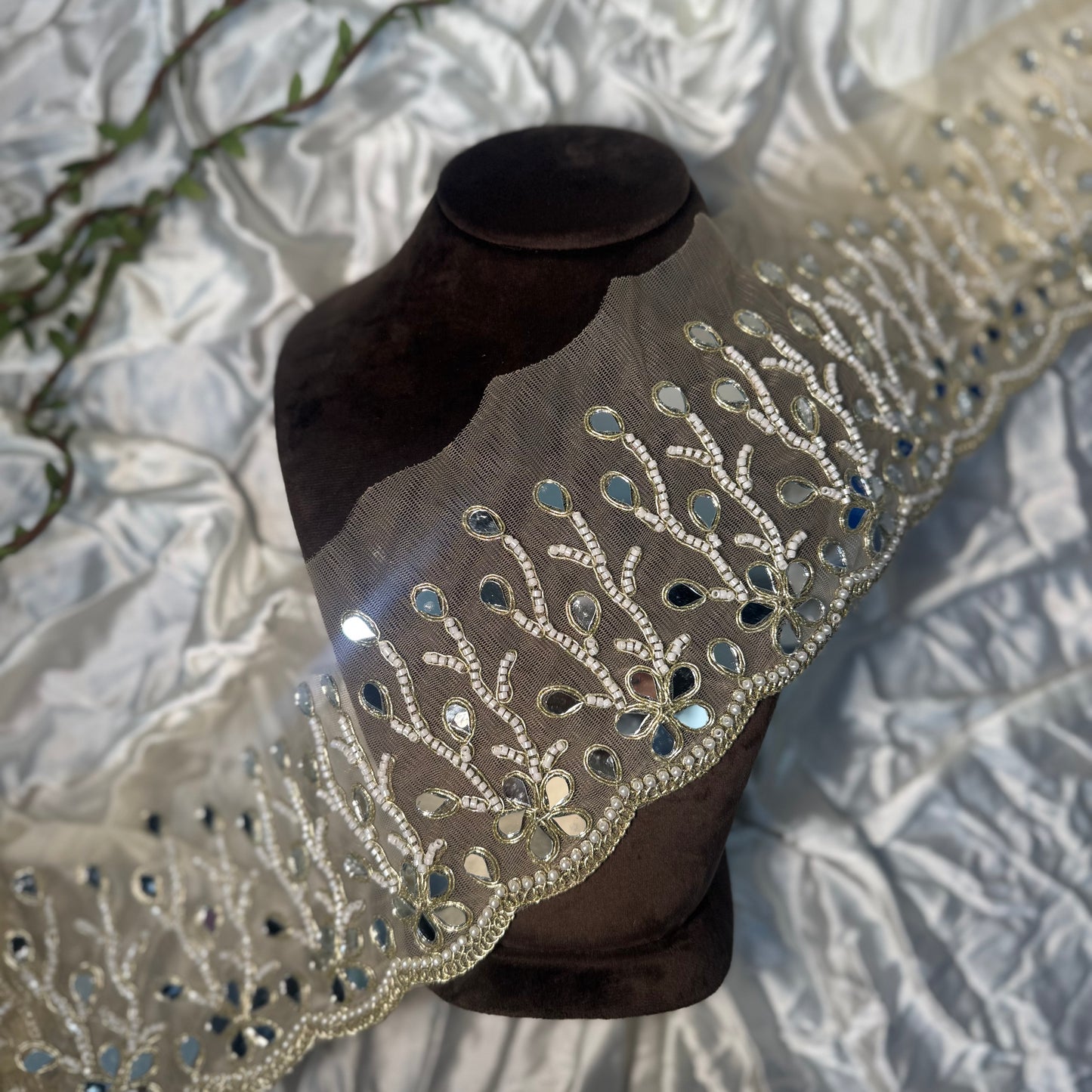 Mirror and Pearl work Net Base Mirror work Lace