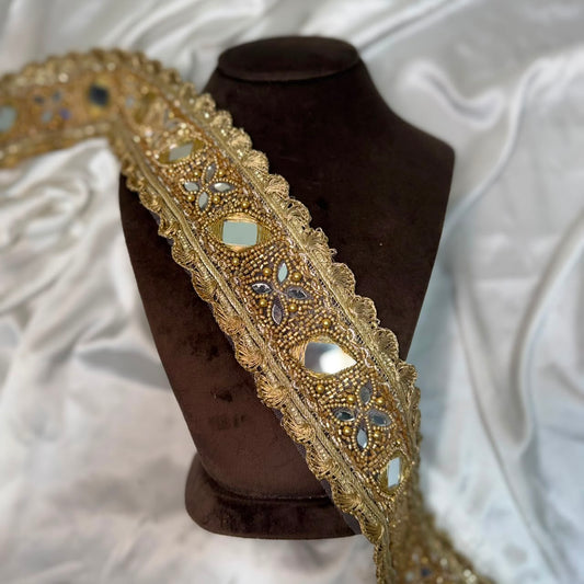 Traditional Gold Mirror Work Embroidered Lace Trim
