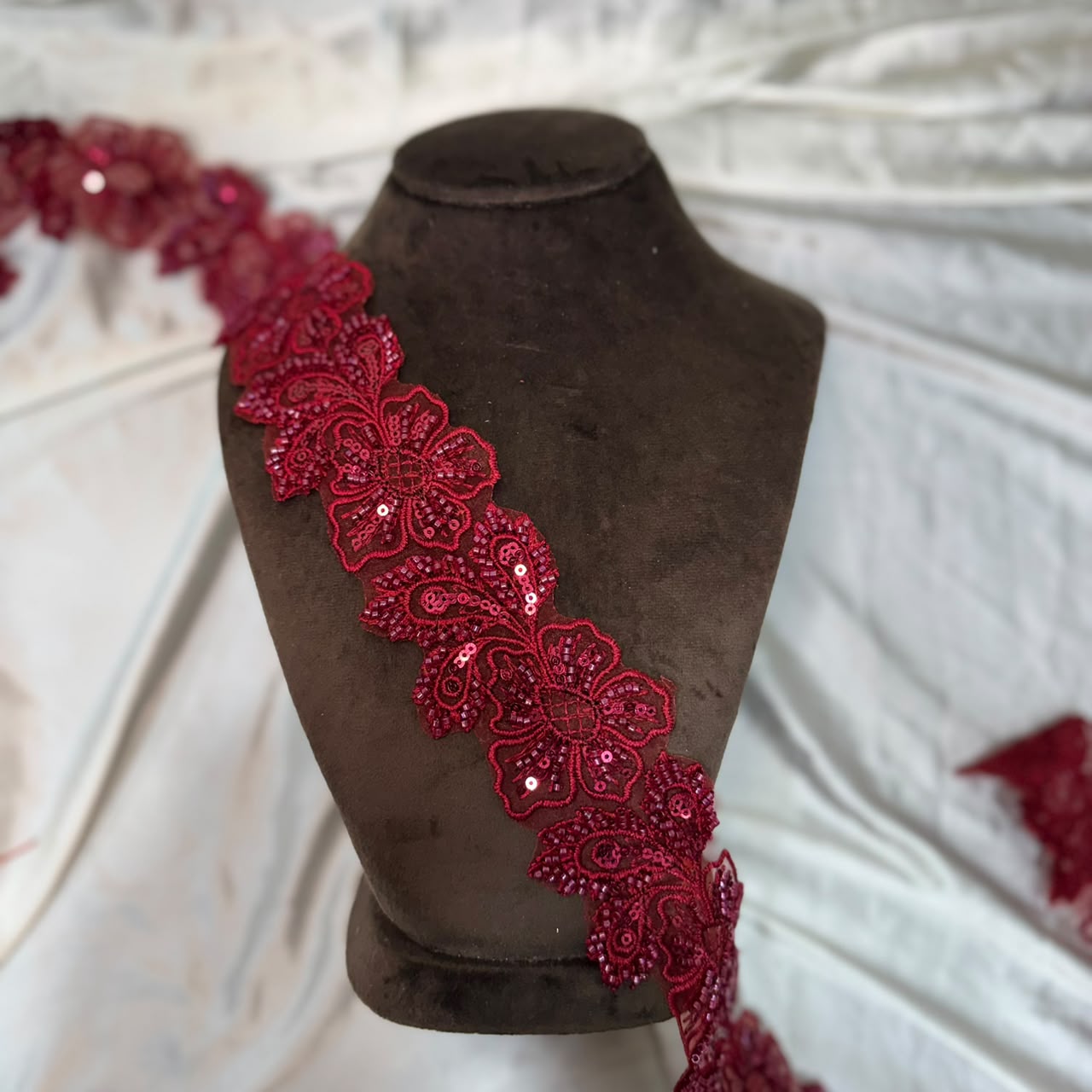 Elegant Floral Beads work Embroidered Organza Lace