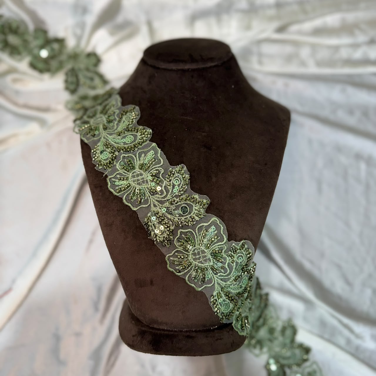 Elegant Floral Beads work Embroidered Organza Lace