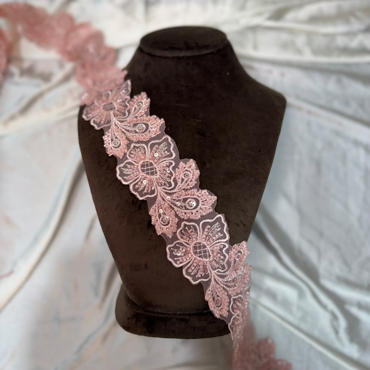 Elegant Floral Beads work Embroidered Organza Lace
