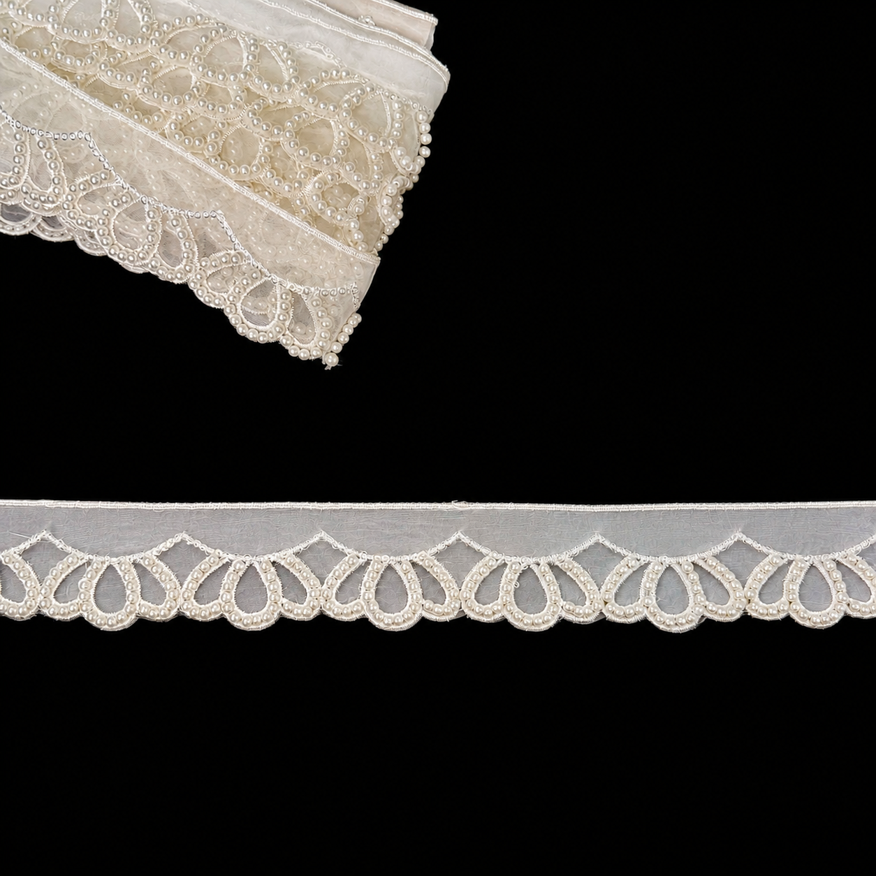 Elegant Pearl white beads Organza Lace