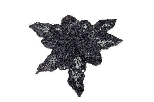 Black Color Beads and Sequins work Flower Patch with Net Base