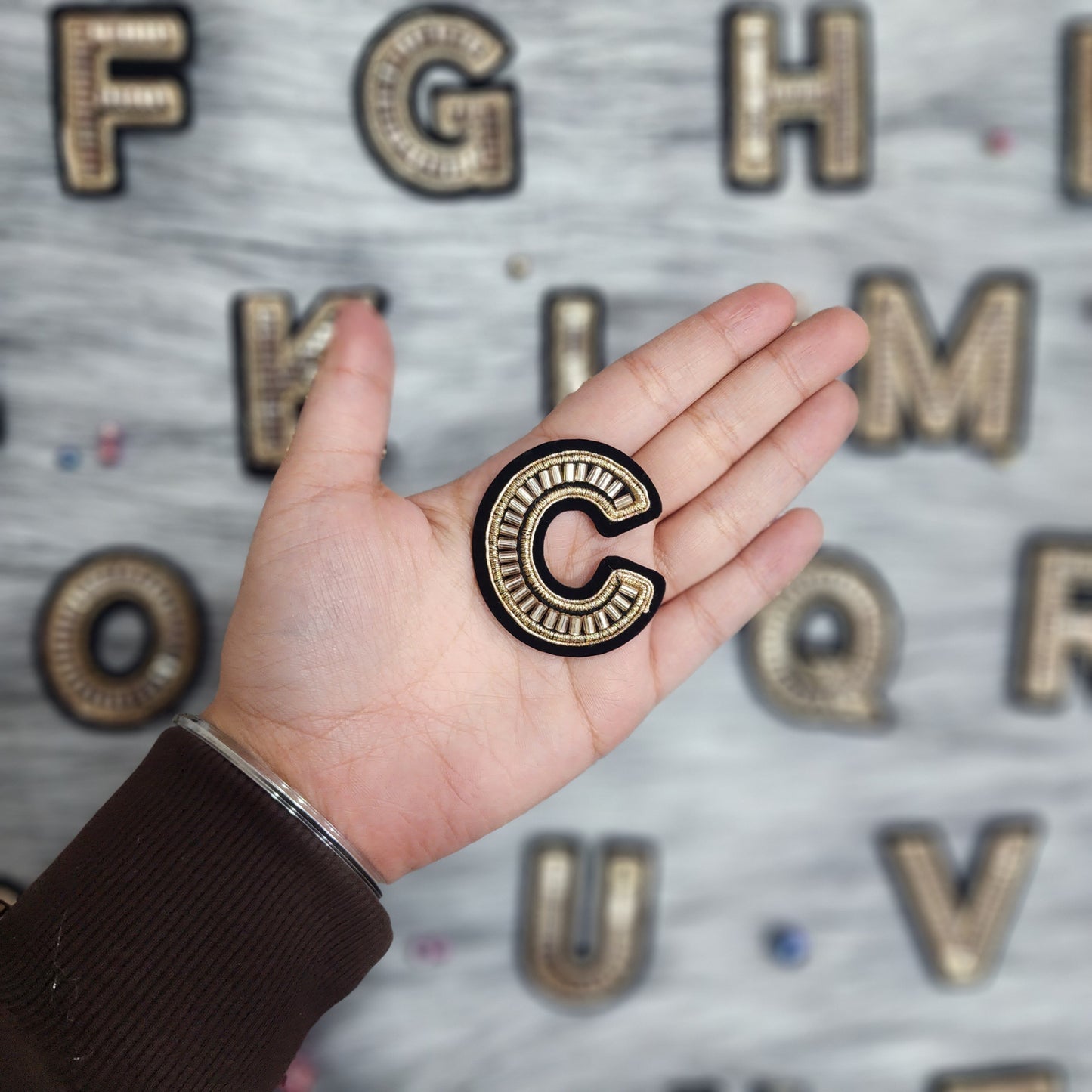 Black Golden Katdana work Alphabet iron Patch