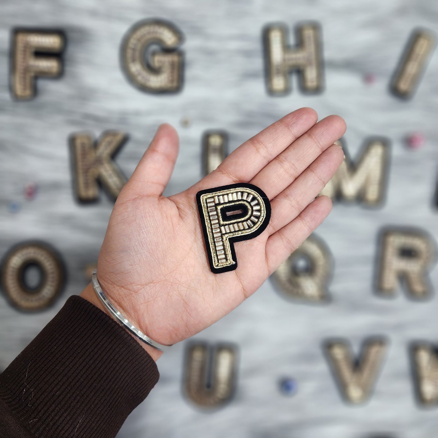 Black Golden Katdana work Alphabet iron Patch