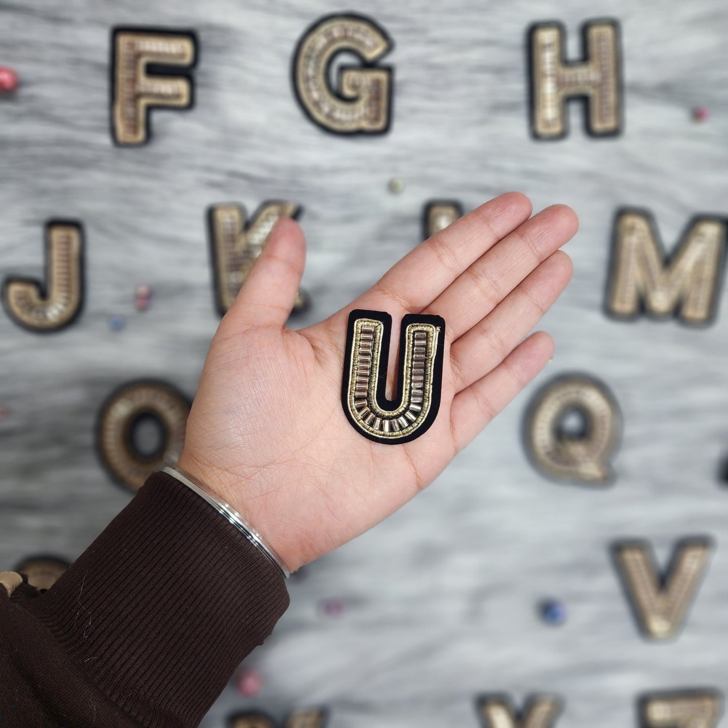 Black Golden Katdana work Alphabet iron Patch
