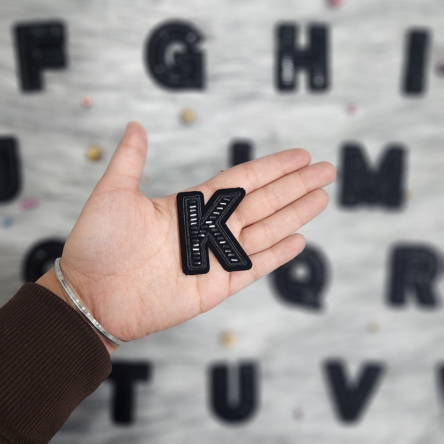 Black Color Katdana work Alphabet iron Patches