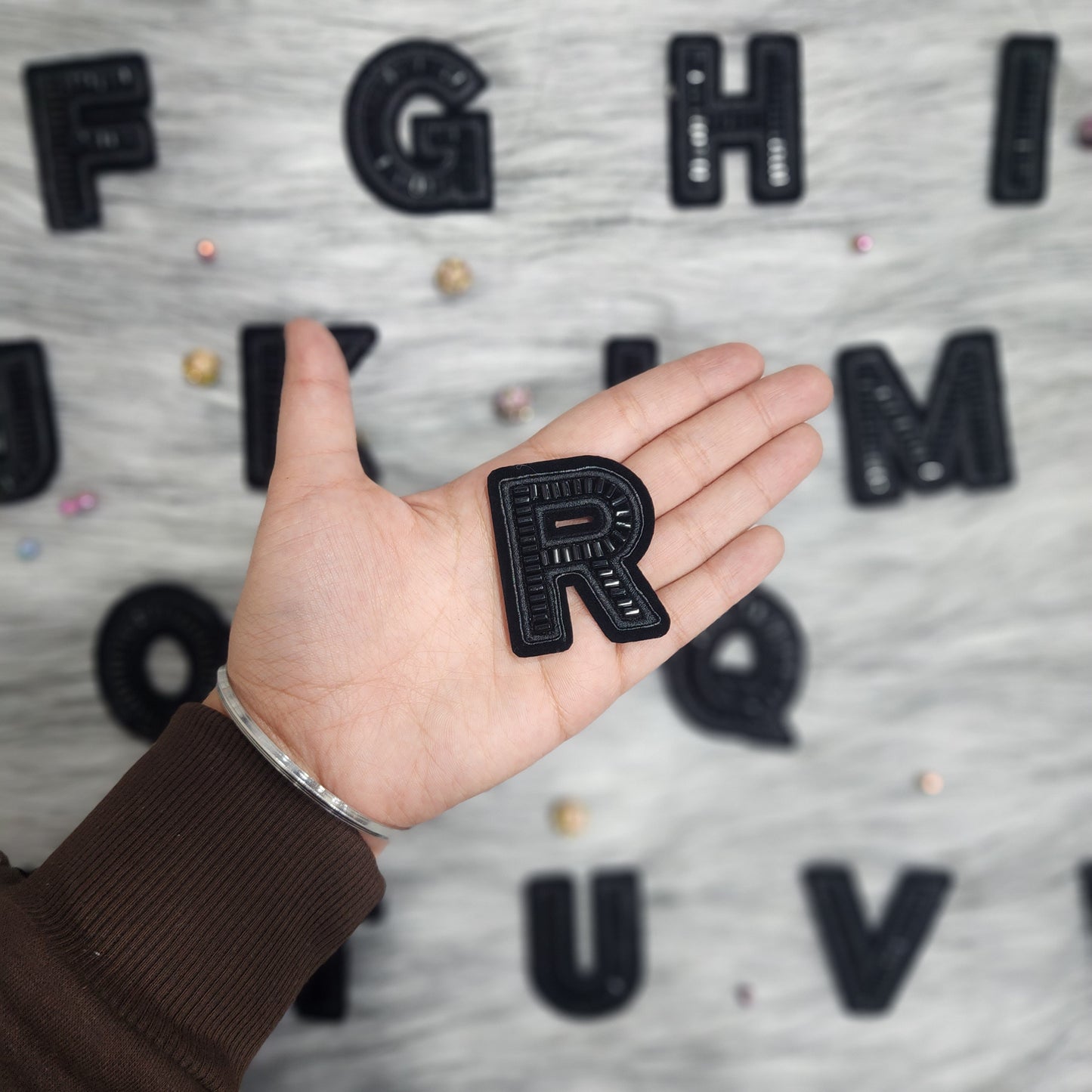 Black Color Katdana work Alphabet iron Patches