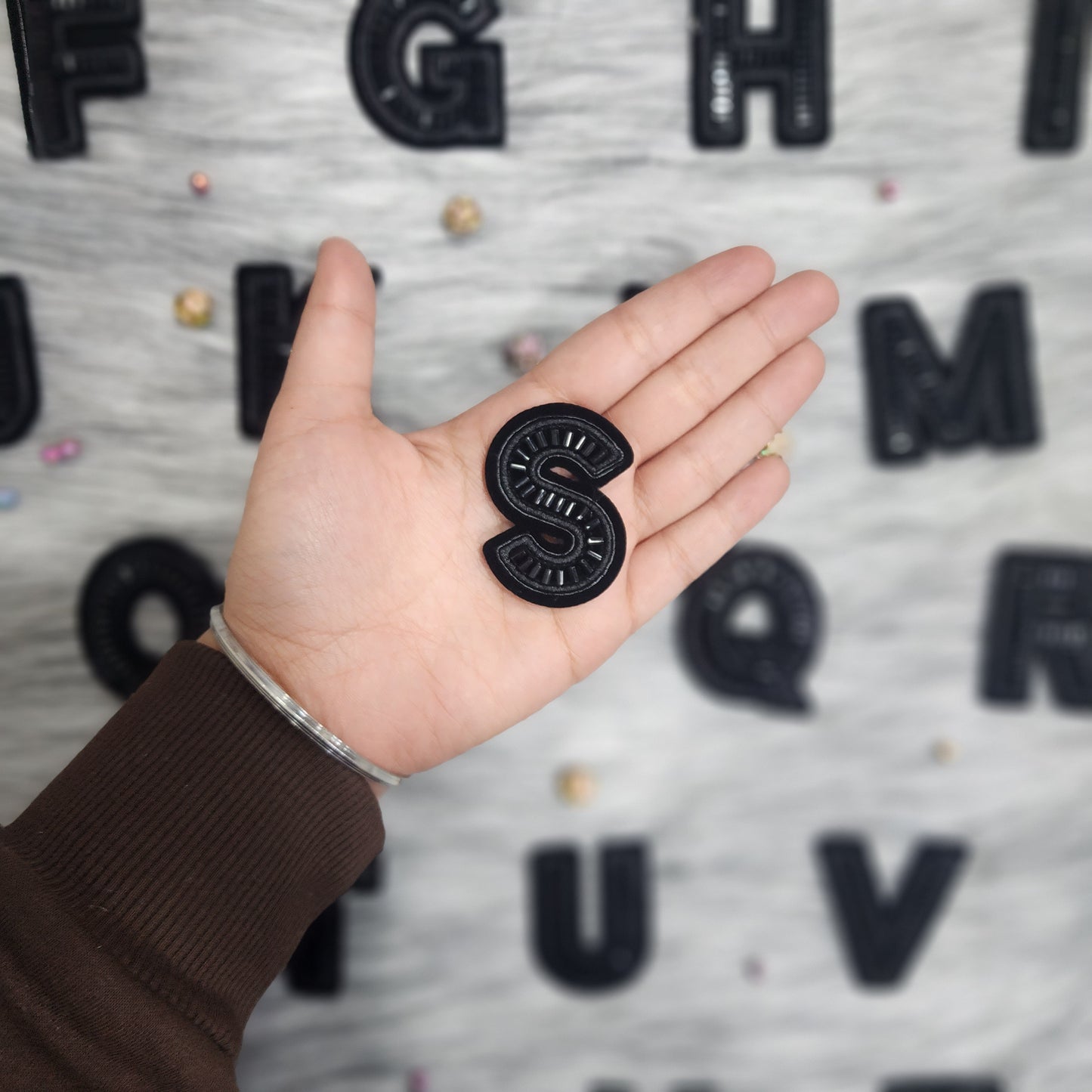 Black Color Katdana work Alphabet iron Patches