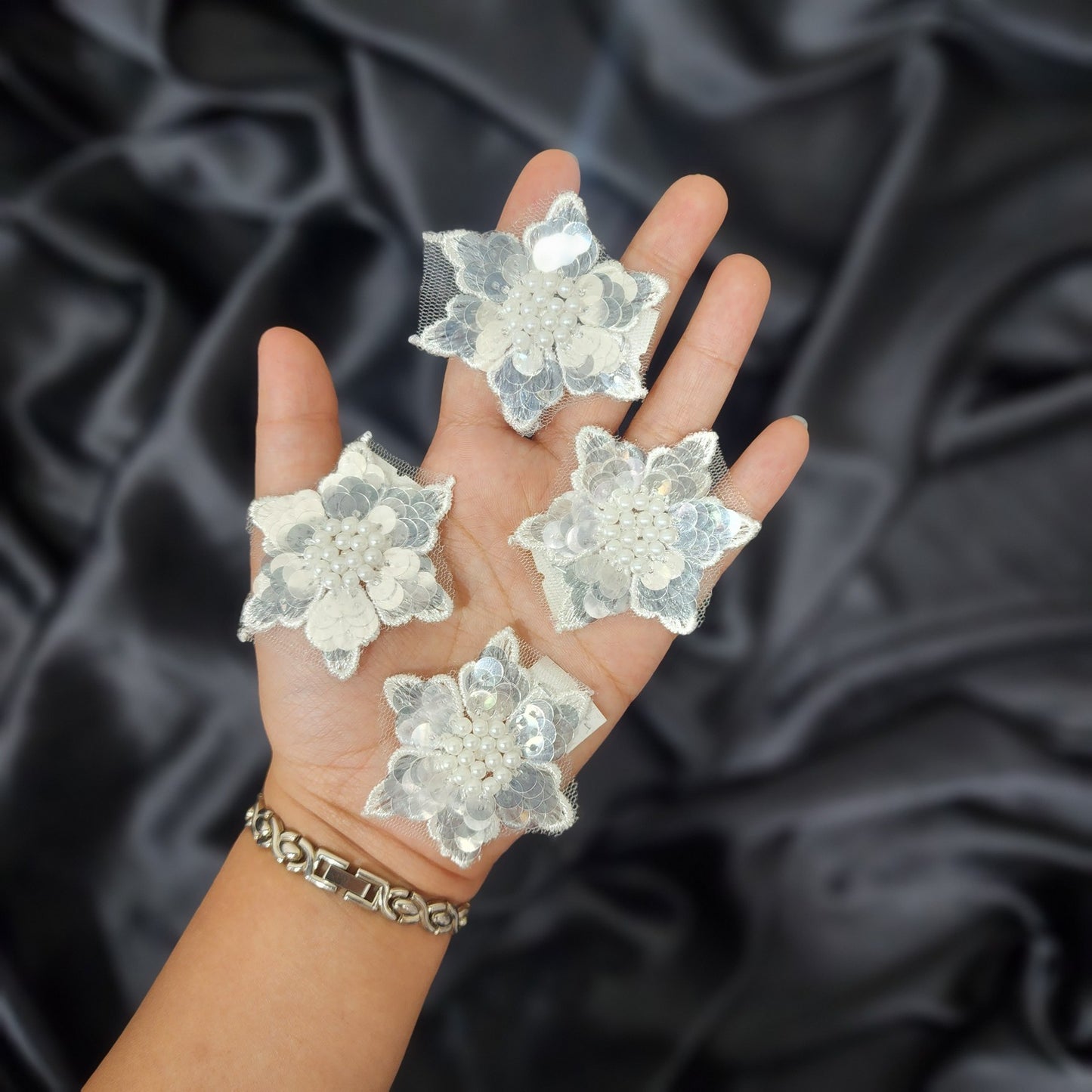 Set Of 4 Pcs White color Sequins work Flower Patch