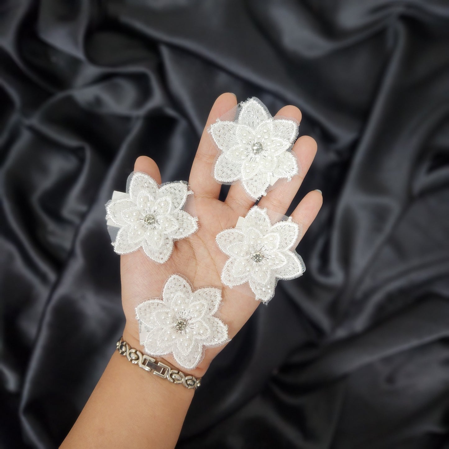 Set of 4 Pcs White color Flower Patch with center stone