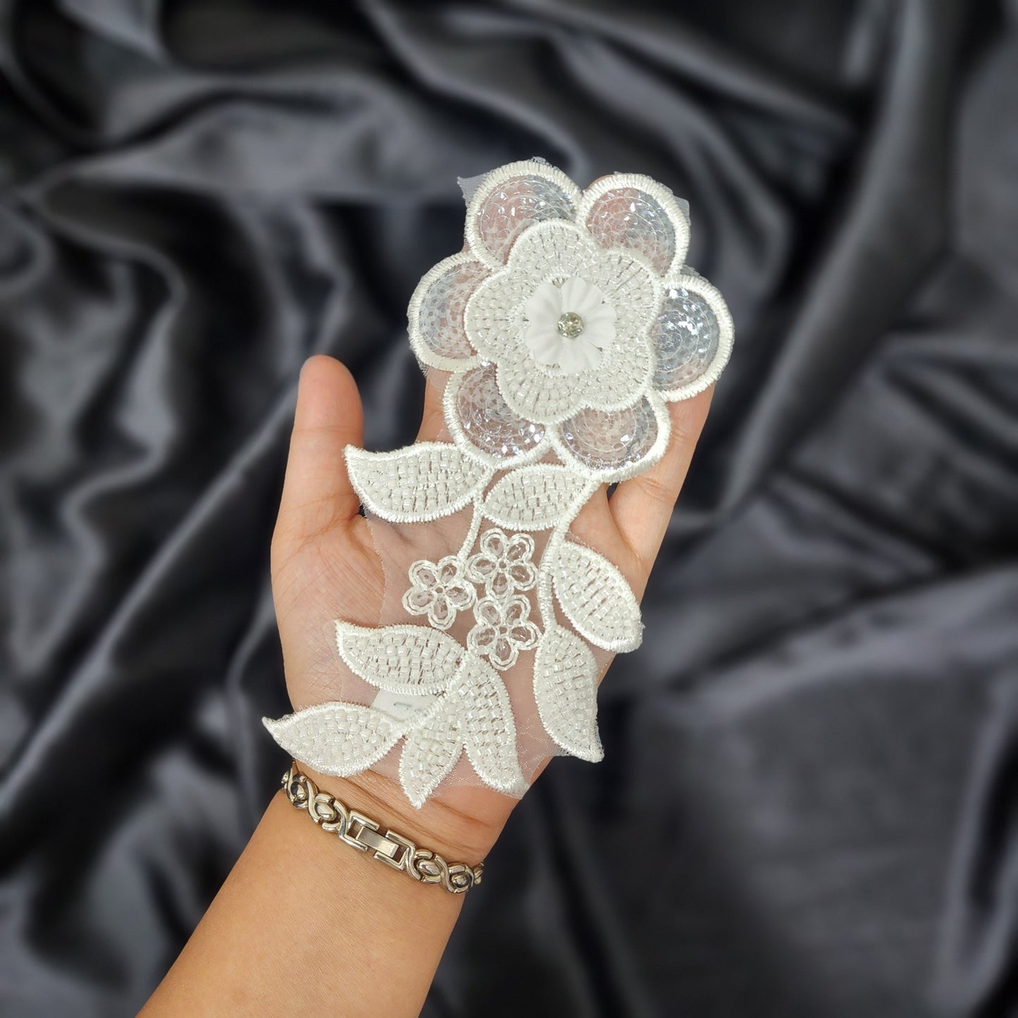 White color Beads and Sequins work Flower Patch