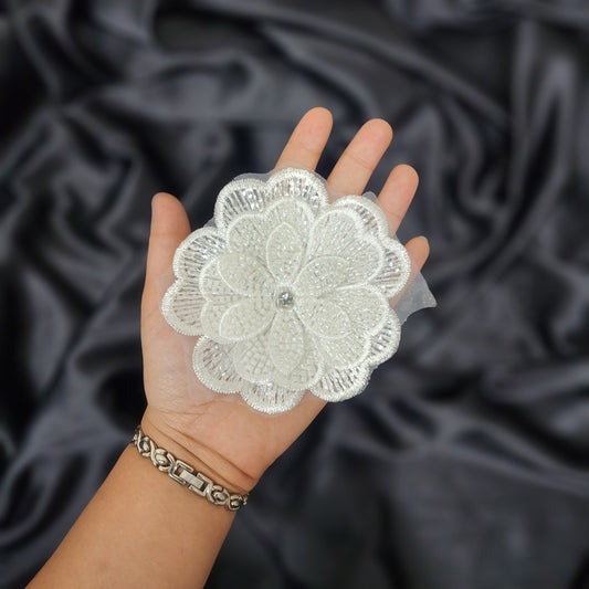 White color Katdana work Flower Shape Patch Applique