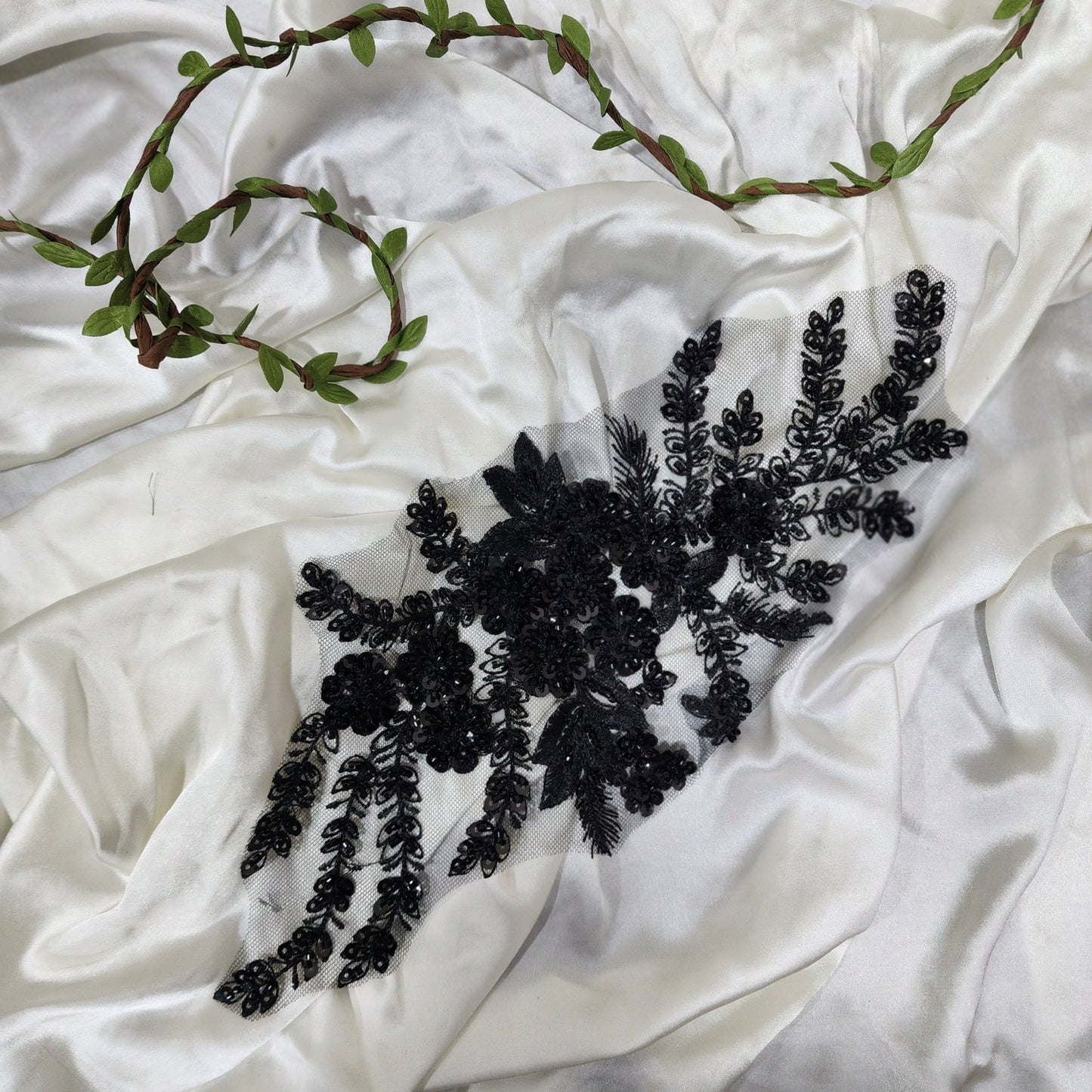Black Color Beads and Sequins work Net Base Patch