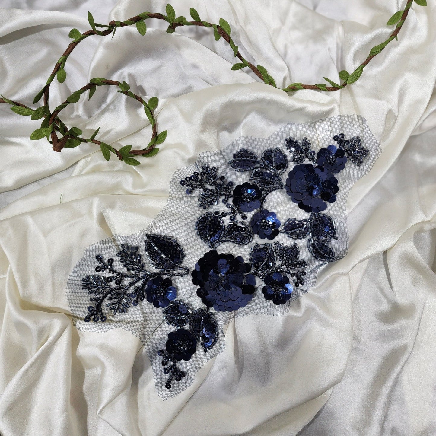 Navy Blue color Beads and Sequins work Net Base Patch