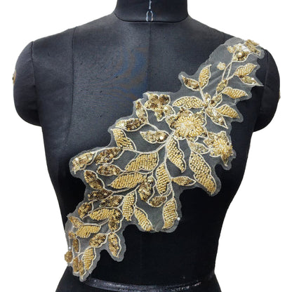 Golden color Beads and Sequins work Net Base Patch 1 pc