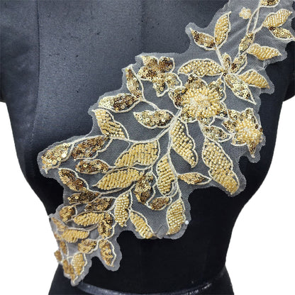 Golden color Beads and Sequins work Net Base Patch 1 pc