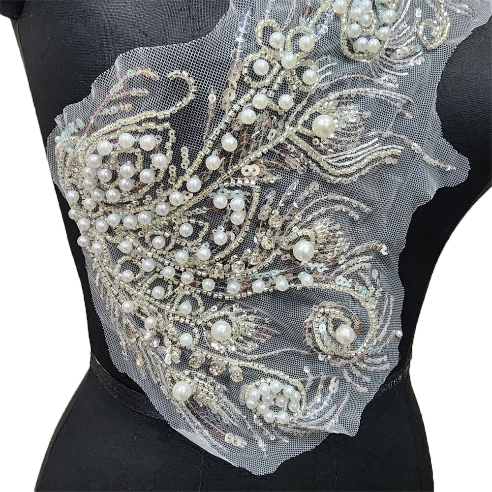 White color Pearl and Sequins work Net Base Patch 2 pcs