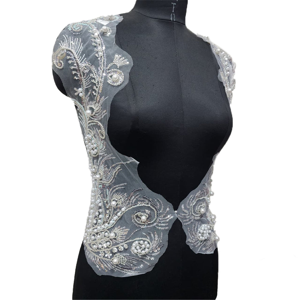 White color Pearl and Sequins work Net Base Patch 2 pcs