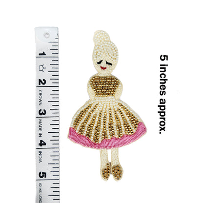 Cream Pink Color Beads work Dancing Doll Patch