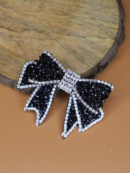 Black Silver Rhinestone Beaded Bow Patch Pack of 1 Piece