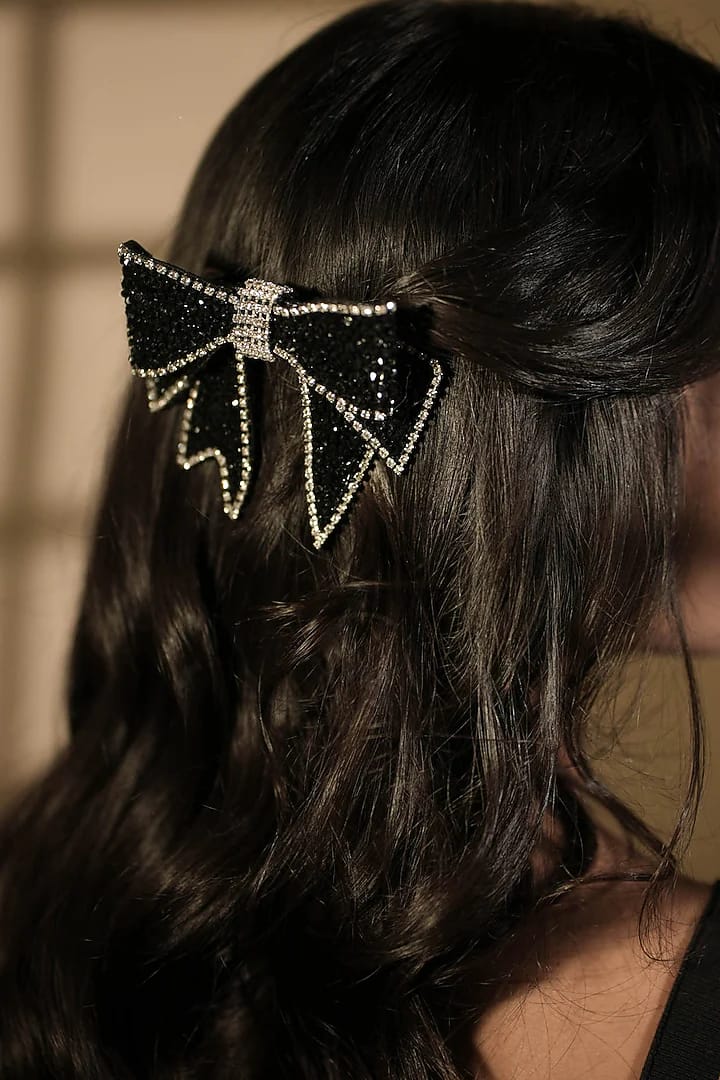 Black Silver Rhinestone Beaded Bow Patch Pack of 1 Piece