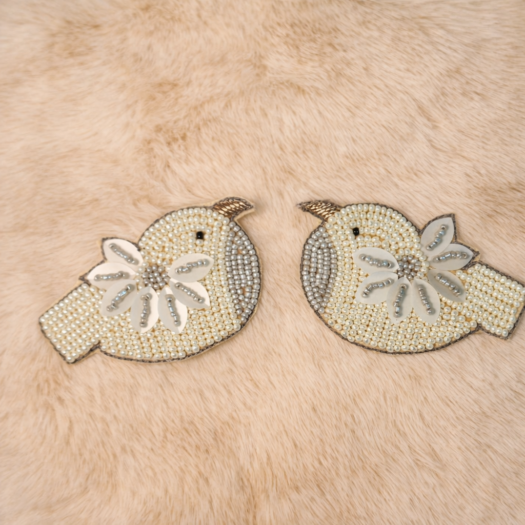 White Grey Beads work Kiddish Bird Patches 2 Pc