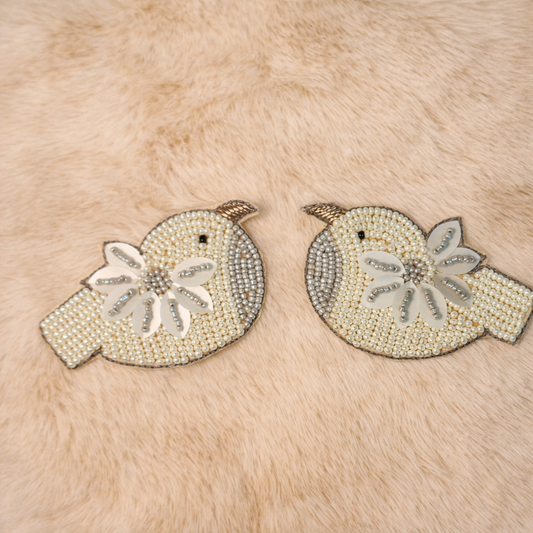 White Grey Beads work Kiddish Bird Patches 2 Pc