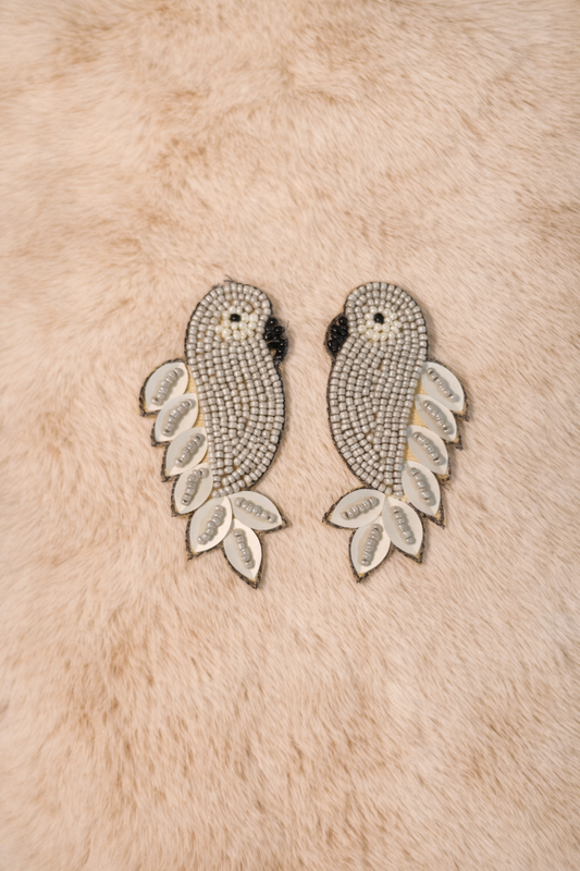 Set of 2 Pieces White Grey Beads work Kiddish Bird Patches