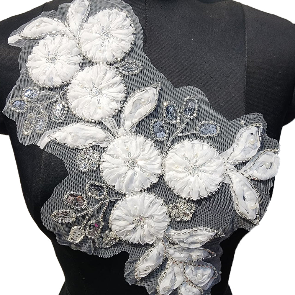 White color Beads and Sequins work Patch Net Base Patch