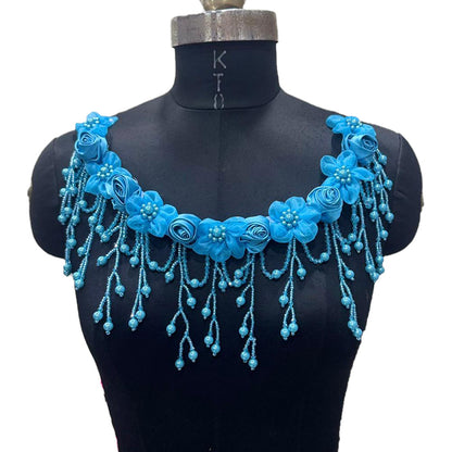 Designer Floral Neckline Applique with Bead Tassels Patch
