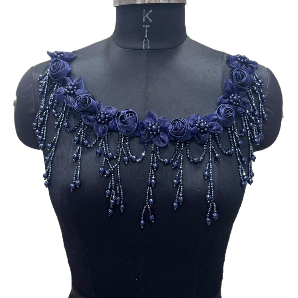 Designer Floral Neckline Applique with Bead Tassels Patch