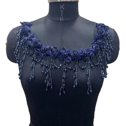 Designer Floral Neckline Applique with Bead Tassels Patch