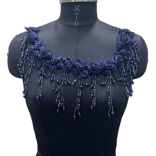 Designer Floral Neckline Applique with Bead Tassels Patch