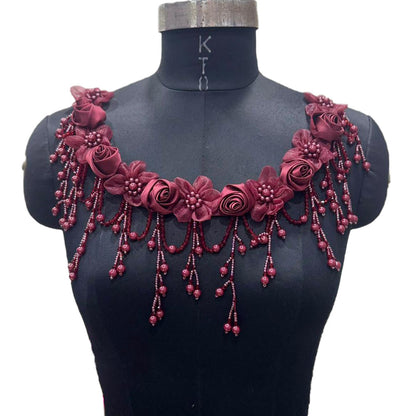 Designer Floral Neckline Applique with Bead Tassels Patch