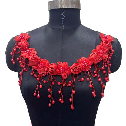 Designer Floral Neckline Applique with Bead Tassels Patch