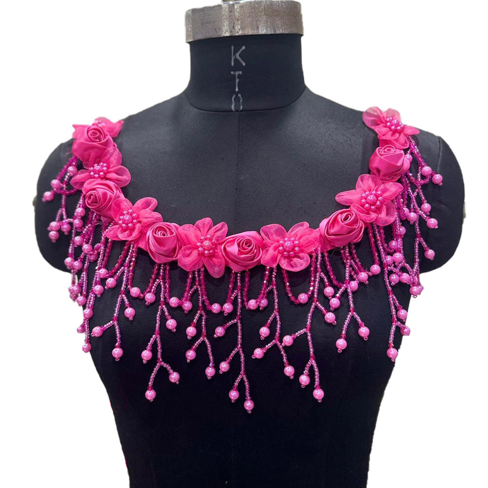 Designer Floral Neckline Applique with Bead Tassels Patch