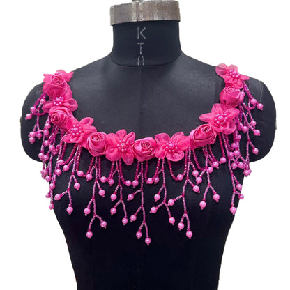 Designer Floral Neckline Applique with Bead Tassels Patch