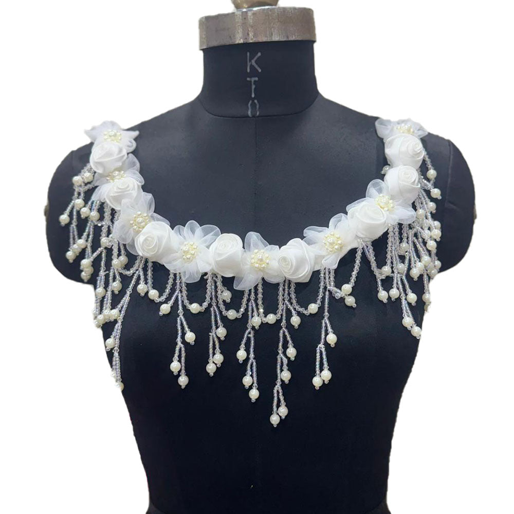 Designer Floral Neckline Applique with Bead Tassels Patch