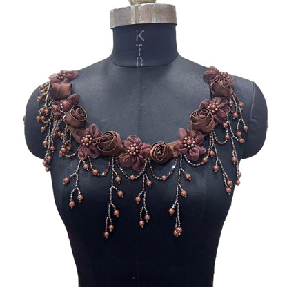 Designer Floral Neckline Applique with Bead Tassels Patch