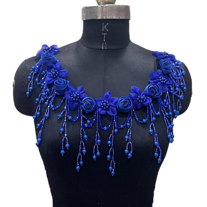 Designer Floral Neckline Applique with Bead Tassels Patch