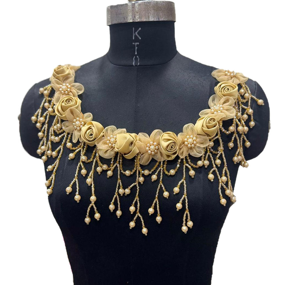 Designer Floral Neckline Applique with Bead Tassels Patch