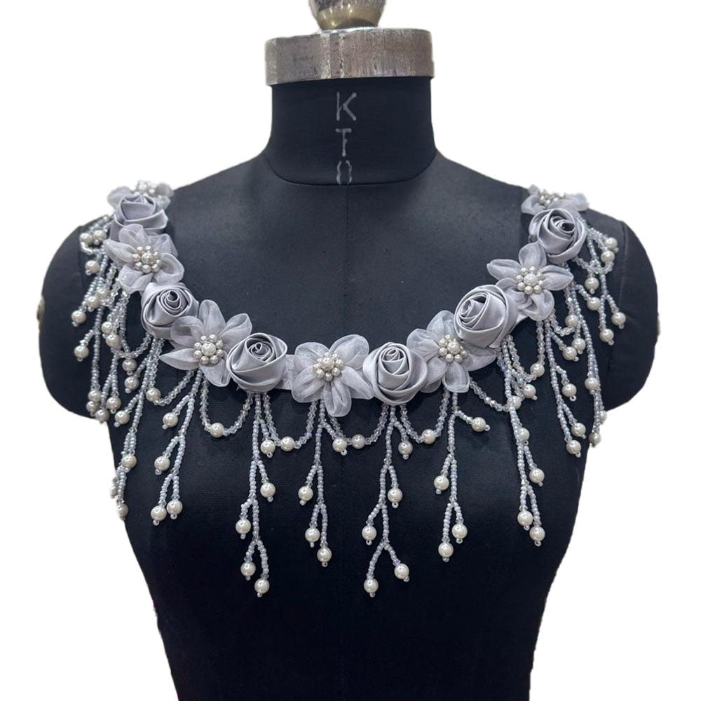 Designer Floral Neckline Applique with Bead Tassels Patch