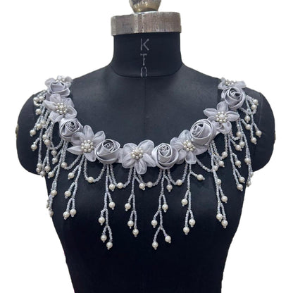 Designer Floral Neckline Applique with Bead Tassels Patch
