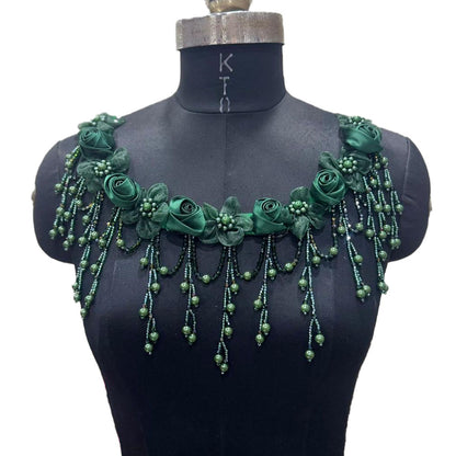Designer Floral Neckline Applique with Bead Tassels Patch